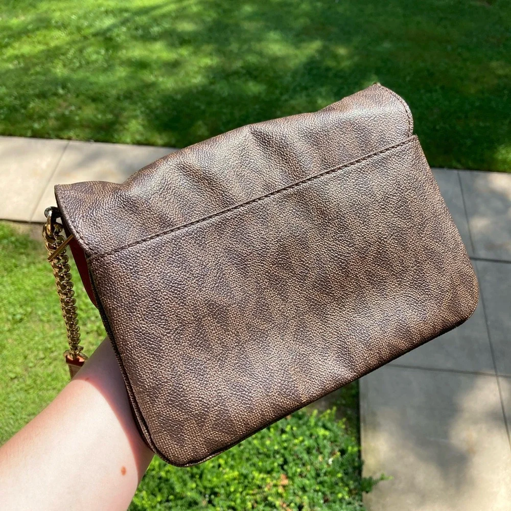 Michael Kors Brown Fulton Flap Gusset Crossbody Brown Envelope Purse Gold Chain